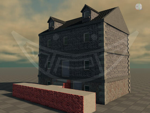 A small three-story brick building. One of the floors is underground.